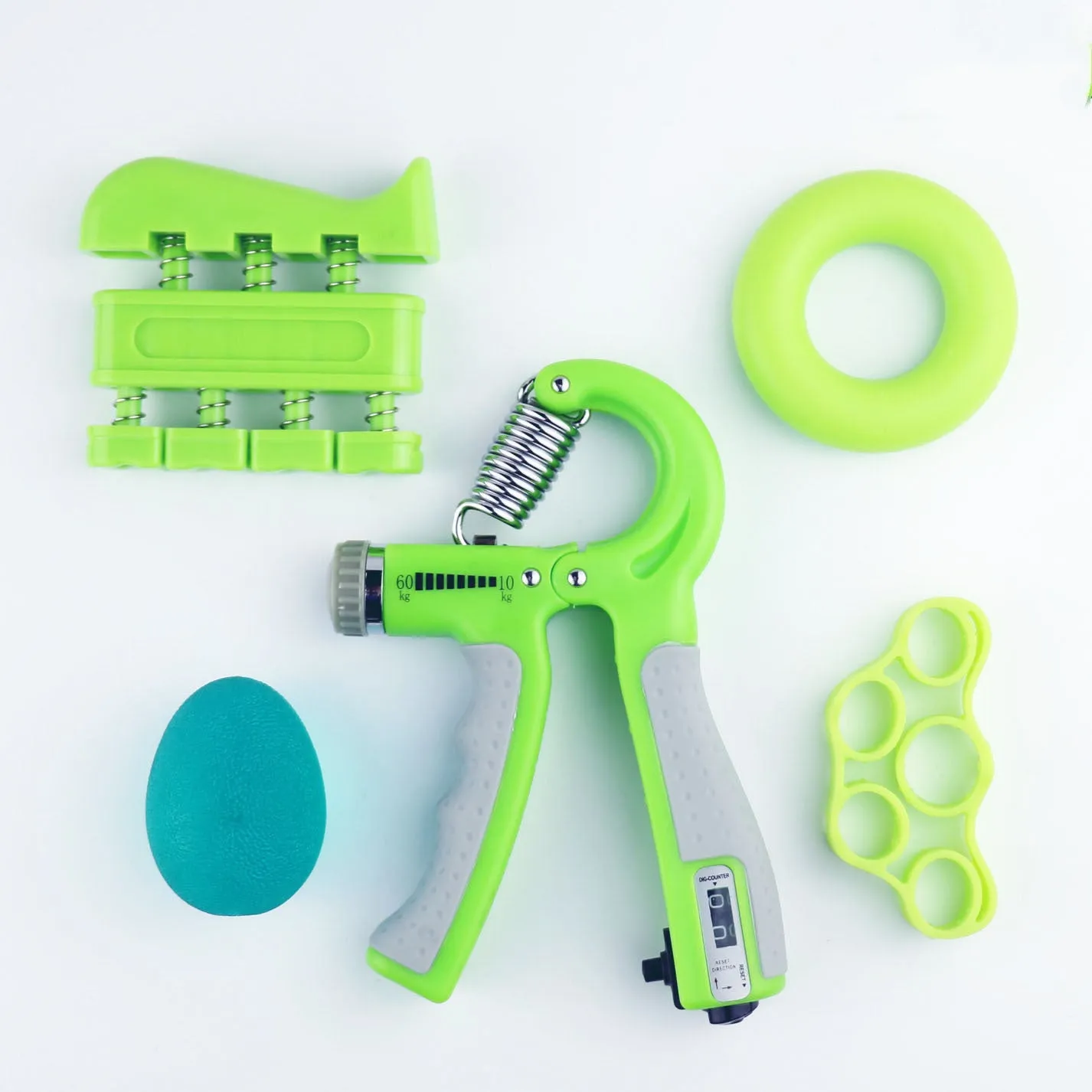 Adjustable hand grip with mechanical counter showing black ABS handles and stainless steel spring on white background
