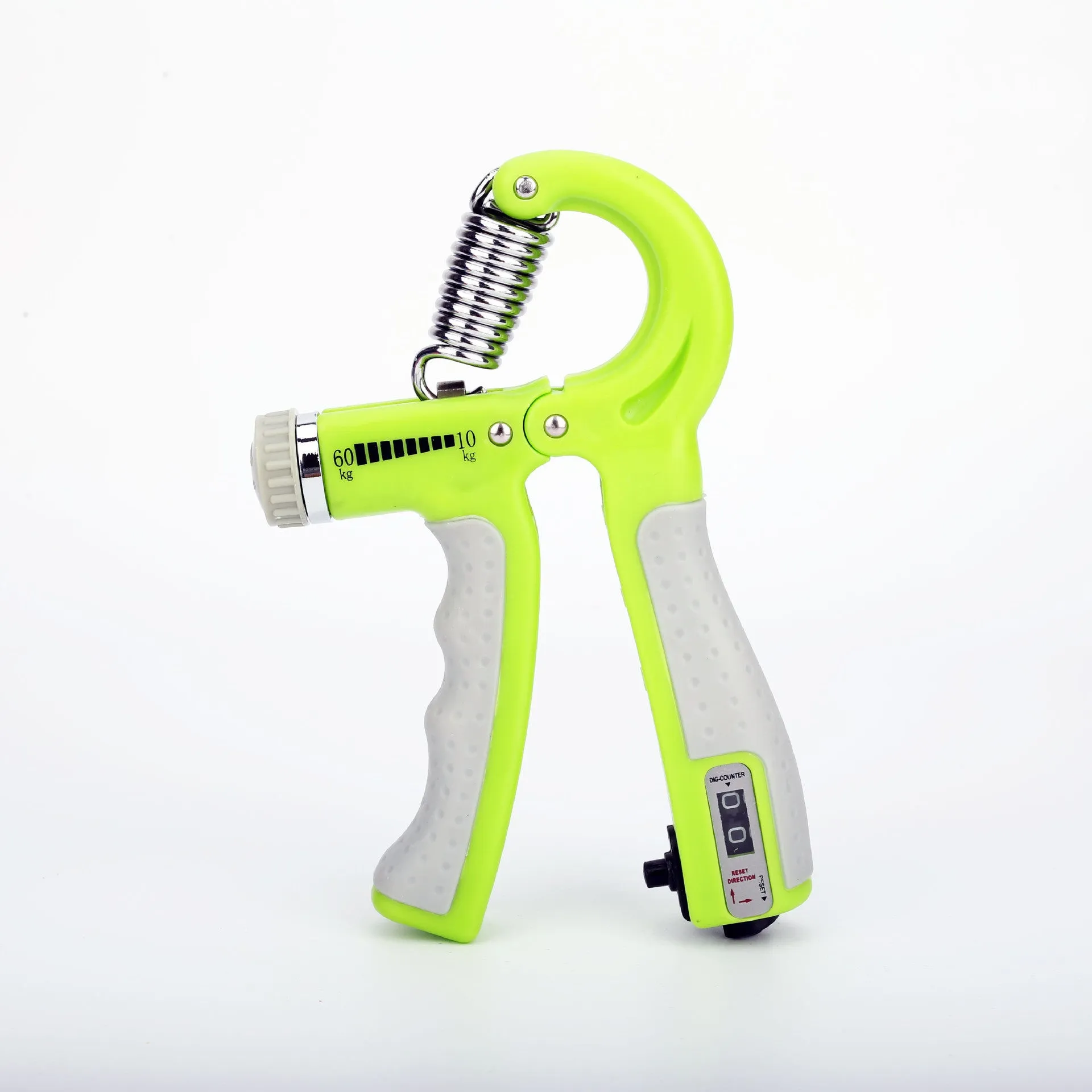 Adjustable hand grip with mechanical counter showing black ABS handles and stainless steel spring on white background
