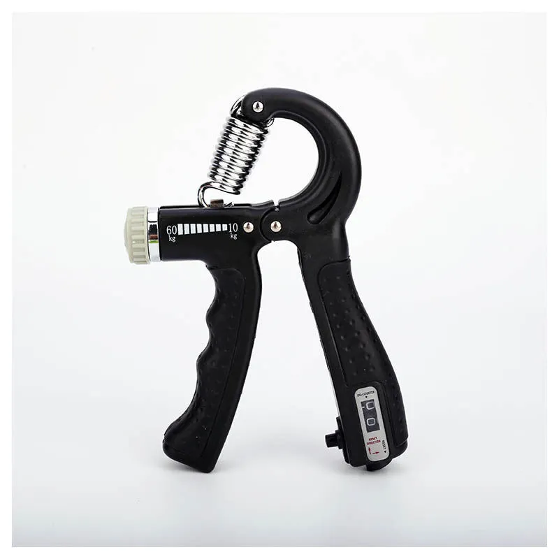 Adjustable hand grip with mechanical counter showing black ABS handles and stainless steel spring on white background