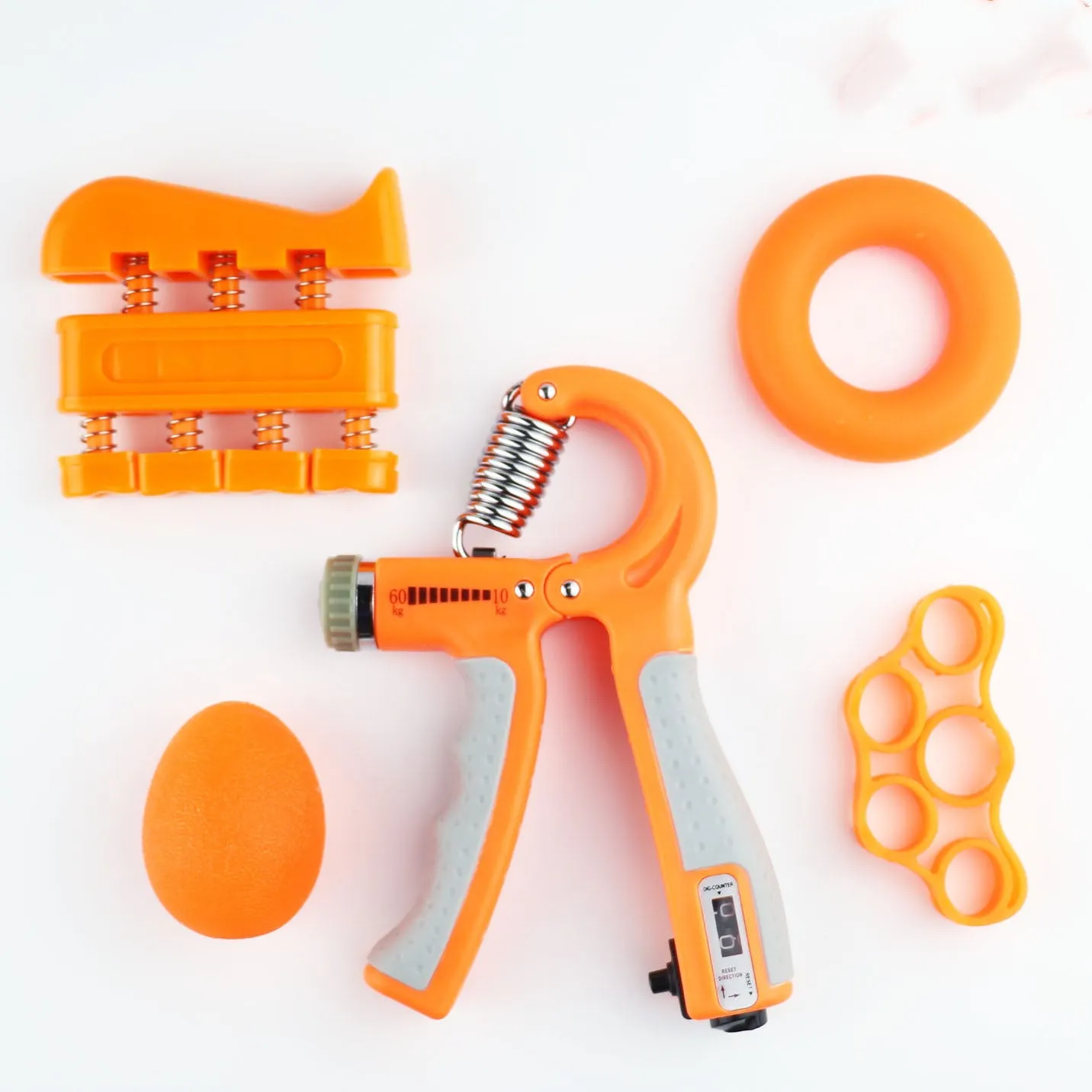 Adjustable hand grip with mechanical counter showing black ABS handles and stainless steel spring on white background