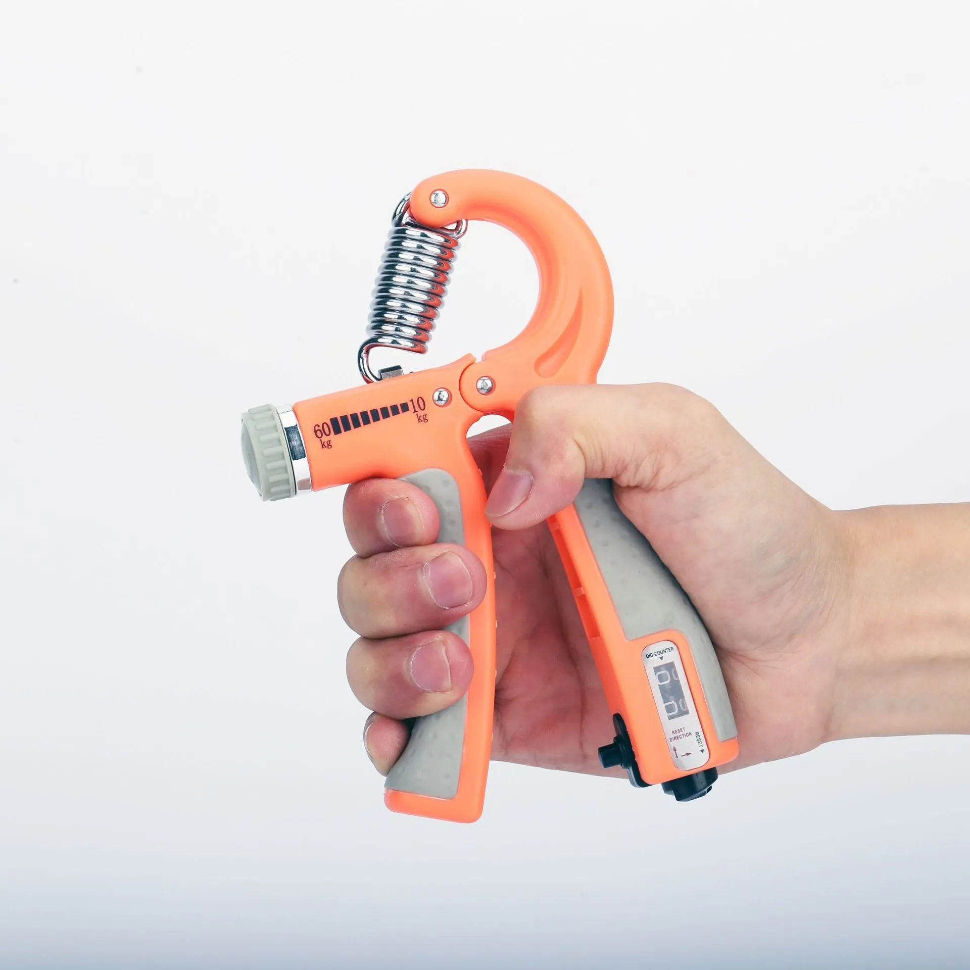 Adjustable hand grip with mechanical counter showing black ABS handles and stainless steel spring on white background