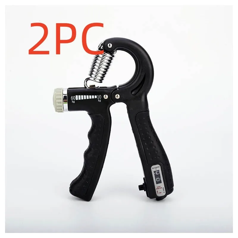 Adjustable hand grip with mechanical counter showing black ABS handles and stainless steel spring on white background