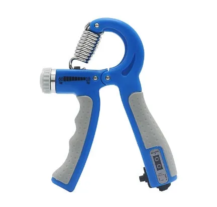 Adjustable hand grip with mechanical counter showing black ABS handles and stainless steel spring on white background