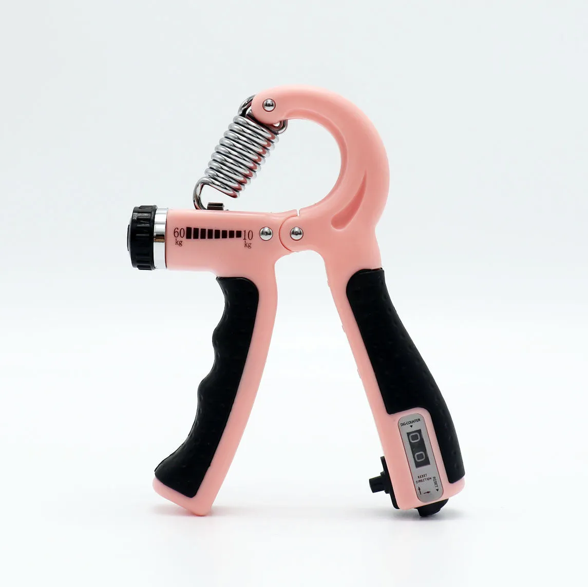 Adjustable hand grip with mechanical counter showing black ABS handles and stainless steel spring on white background