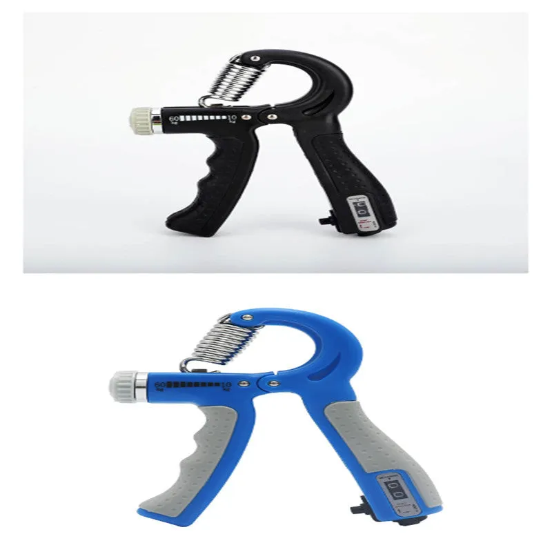 Adjustable hand grip with mechanical counter showing black ABS handles and stainless steel spring on white background
