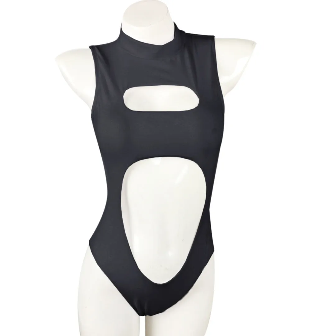 Zipper ladies one-piece nylon swimsuit in black with front zip, full coverage design, side view
