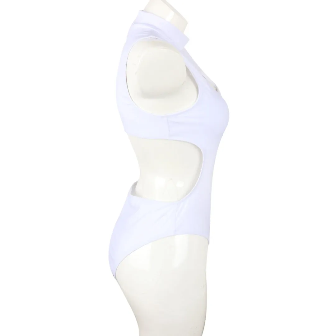 Zipper ladies one-piece nylon swimsuit in black with front zip, full coverage design, side view