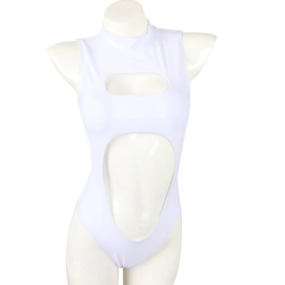 Zipper ladies one-piece nylon swimsuit in black with front zip, full coverage design, side view
