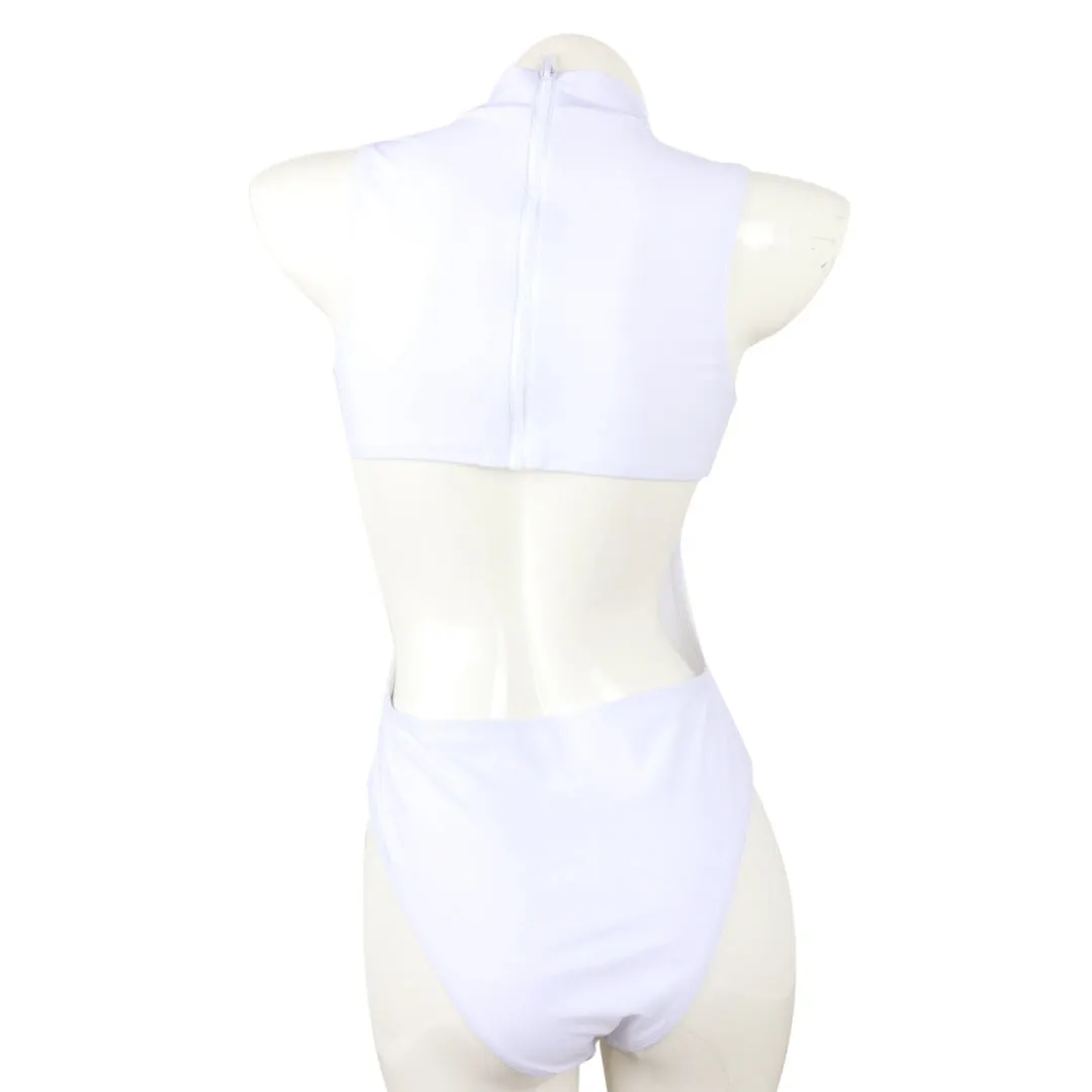 Zipper ladies one-piece nylon swimsuit in black with front zip, full coverage design, side view