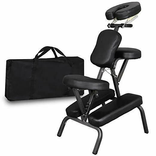 Folding massage chair in black with PVC leather seat and wood steel frame for tattooing and massage use