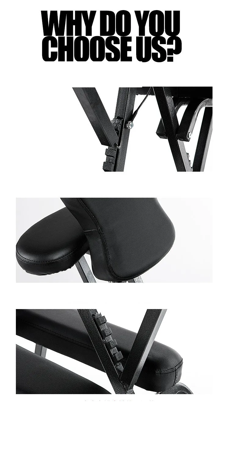 Folding massage chair in black with PVC leather seat and wood steel frame for tattooing and massage use
