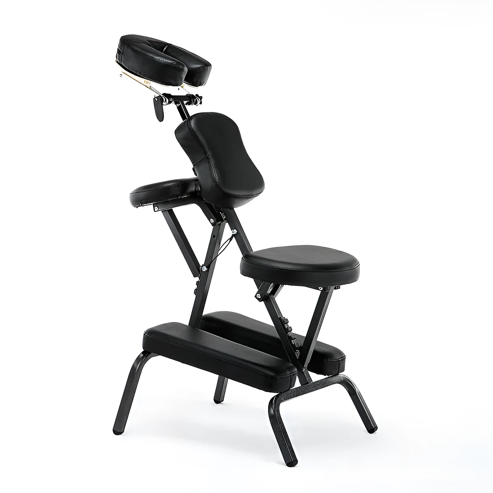 Folding massage chair in black with PVC leather seat and wood steel frame for tattooing and massage use