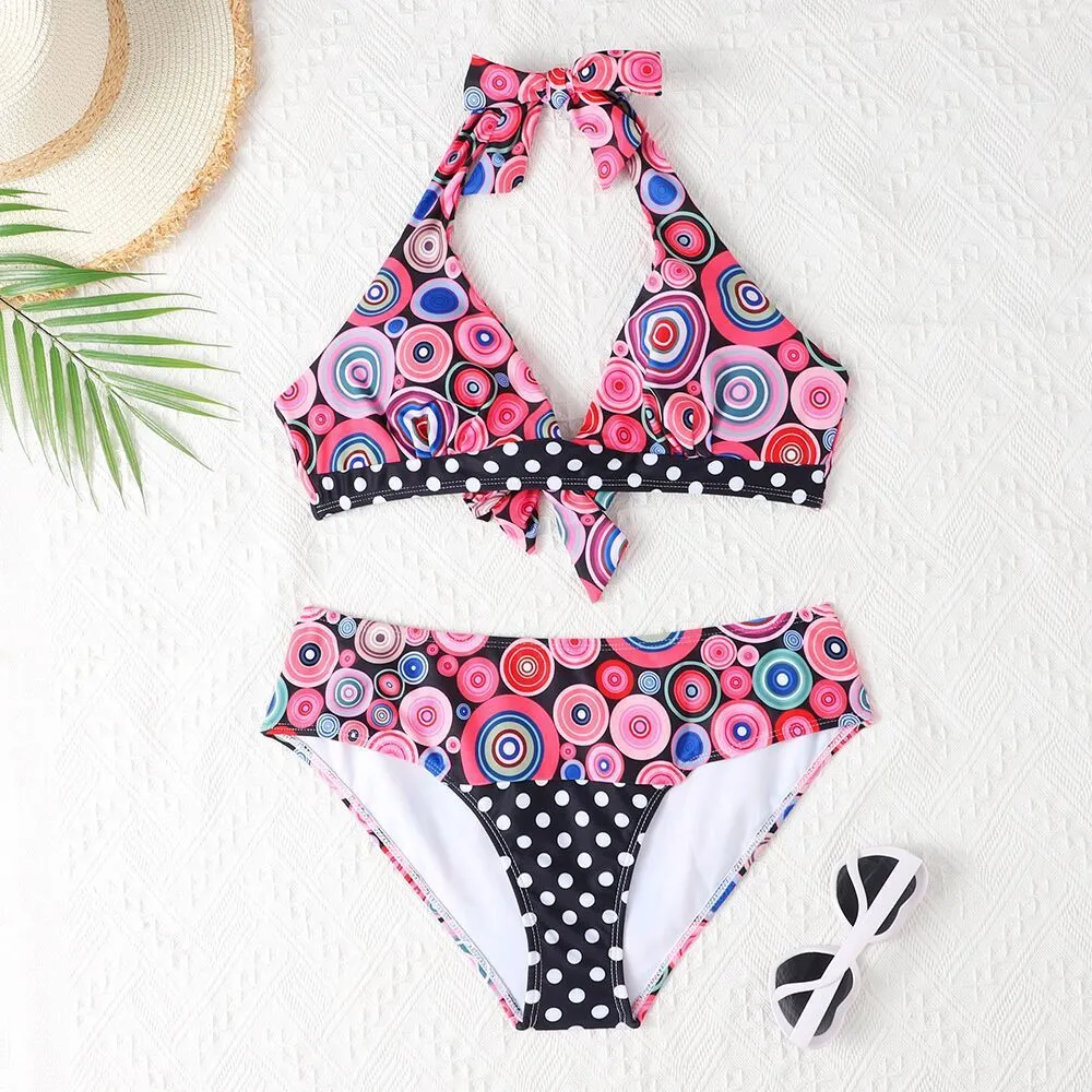 Women's printed high waist split bikini suit with floral pattern in two colours