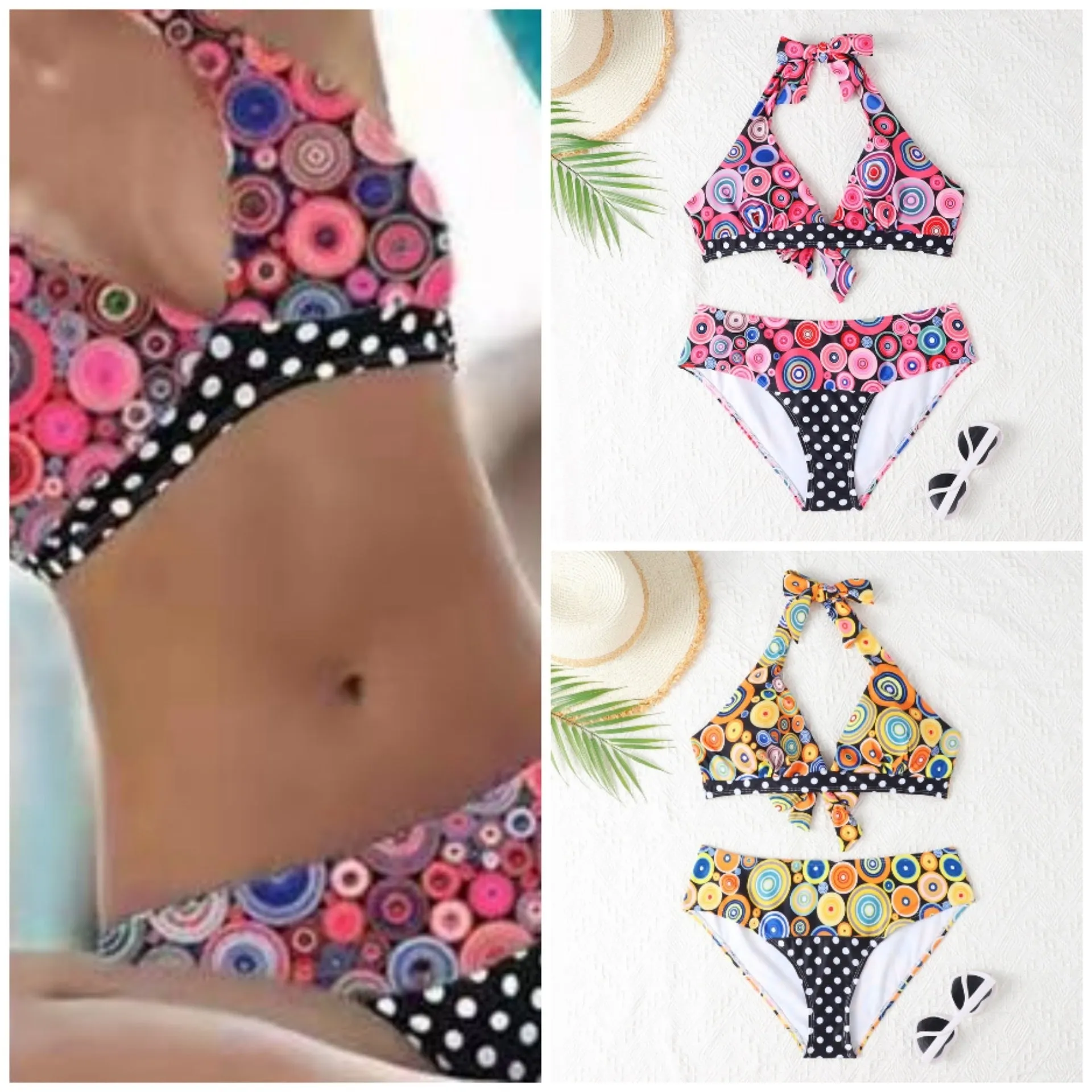 Women's printed high waist split bikini suit with floral pattern in two colours