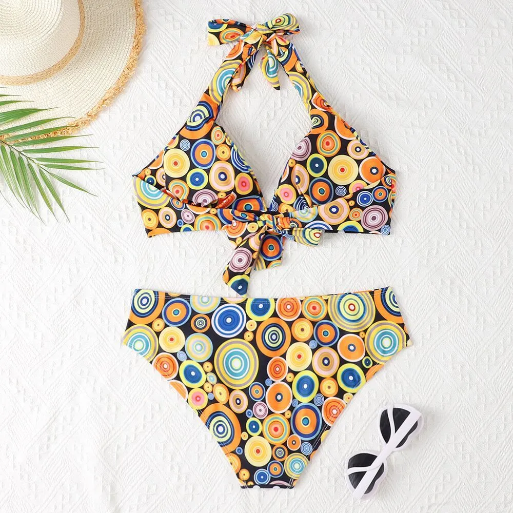 Women's printed high waist split bikini suit with floral pattern in two colours