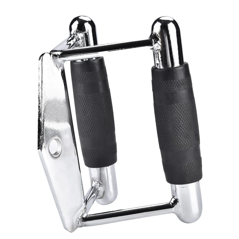 Steel triangle bar cable machine attachment in silver finish with central D-ring