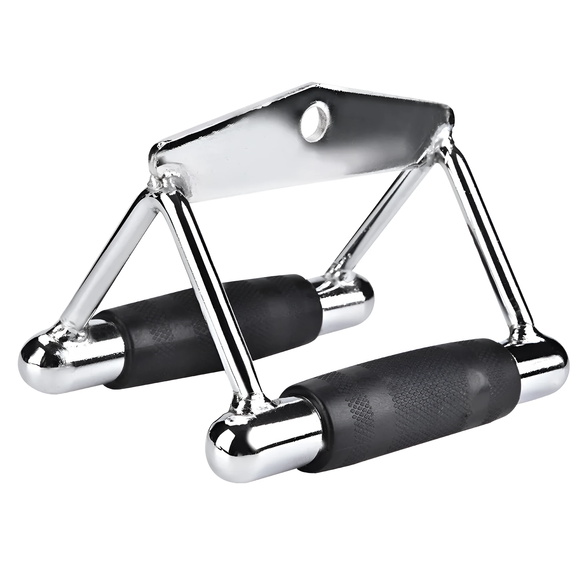 Steel triangle bar cable machine attachment in silver finish with central D-ring