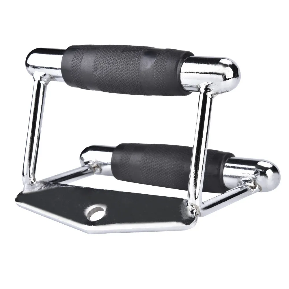 Steel triangle bar cable machine attachment in silver finish with central D-ring