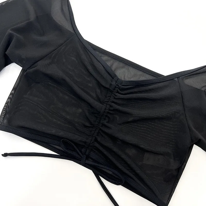Black mesh women's four-piece bikini swimsuit set with long sleeves for swimming sports