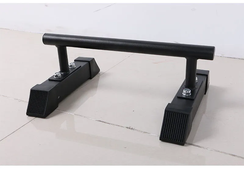 Black thick steel pipe parallel bars for home fitness measuring 35x20x20cm