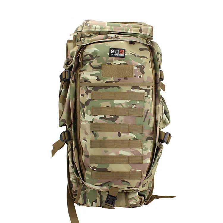 60L nylon mountaineering camping backpack in green, with multiple compartments
