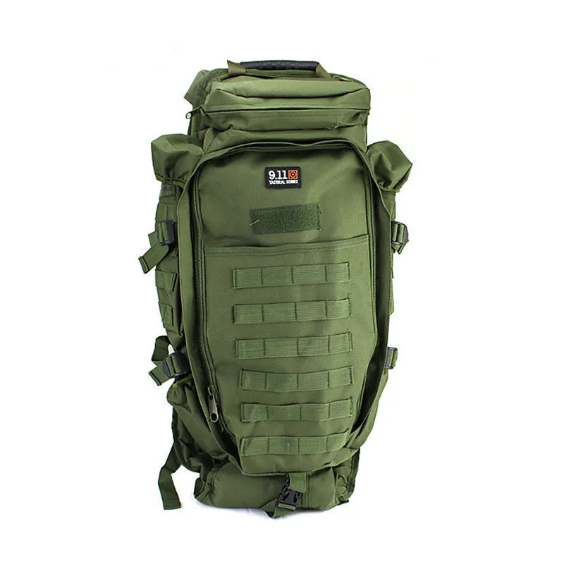 60L nylon mountaineering camping backpack in green, with multiple compartments