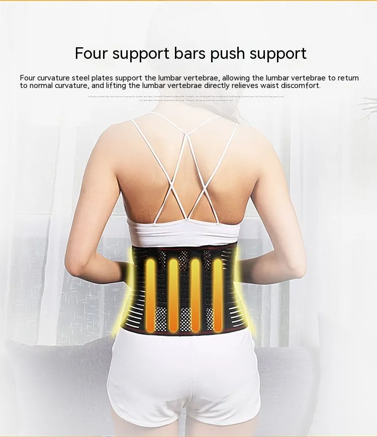 Black sports waist support belt with internal steel plate for lumbar protection, shown with size labels.