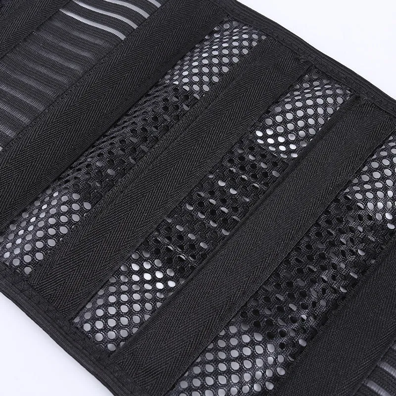 Black sports waist support belt with internal steel plate for lumbar protection, shown with size labels.