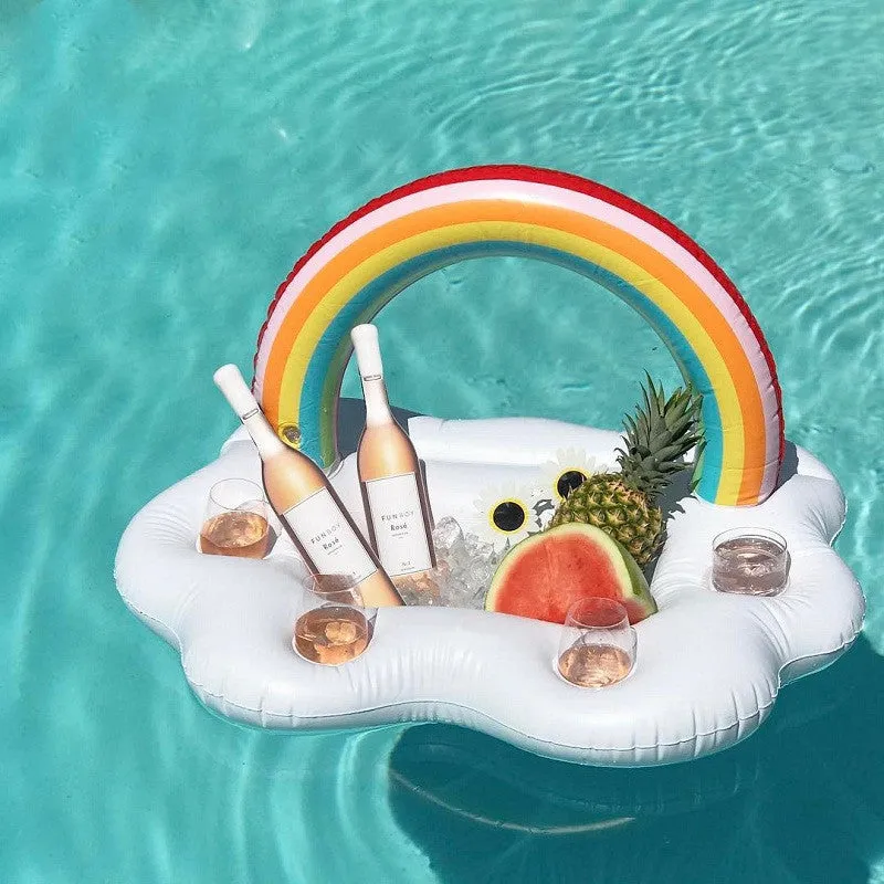 Rainbow inflatable pool float cooler with cloud shape and four glass holders floating on blue water