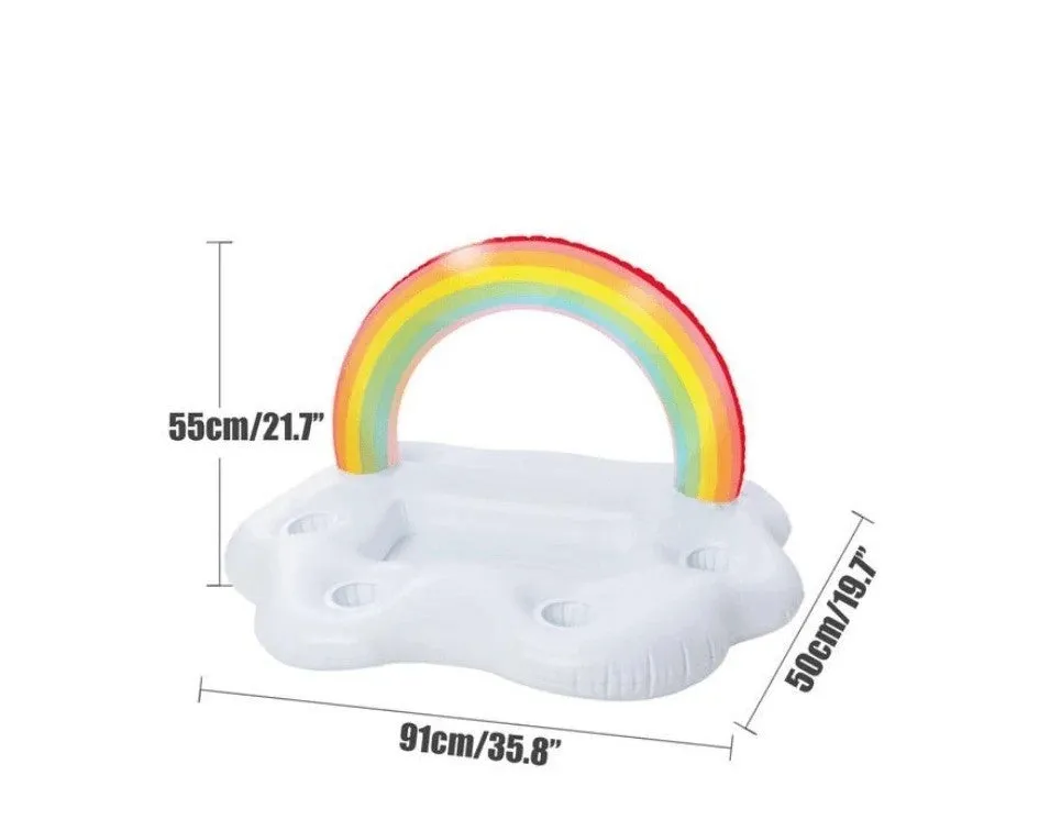 Rainbow inflatable pool float cooler with cloud shape and four glass holders floating on blue water