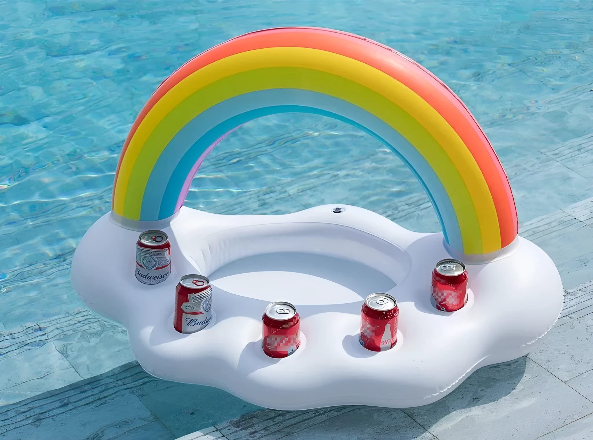 Rainbow inflatable pool float cooler with cloud shape and four glass holders floating on blue water