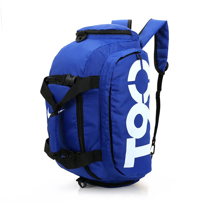Large Oxford cloth fitness bag with double back shoulder straps and soft handle in blue colour