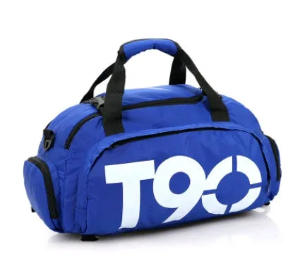 Large Oxford cloth fitness bag with double back shoulder straps and soft handle in blue colour