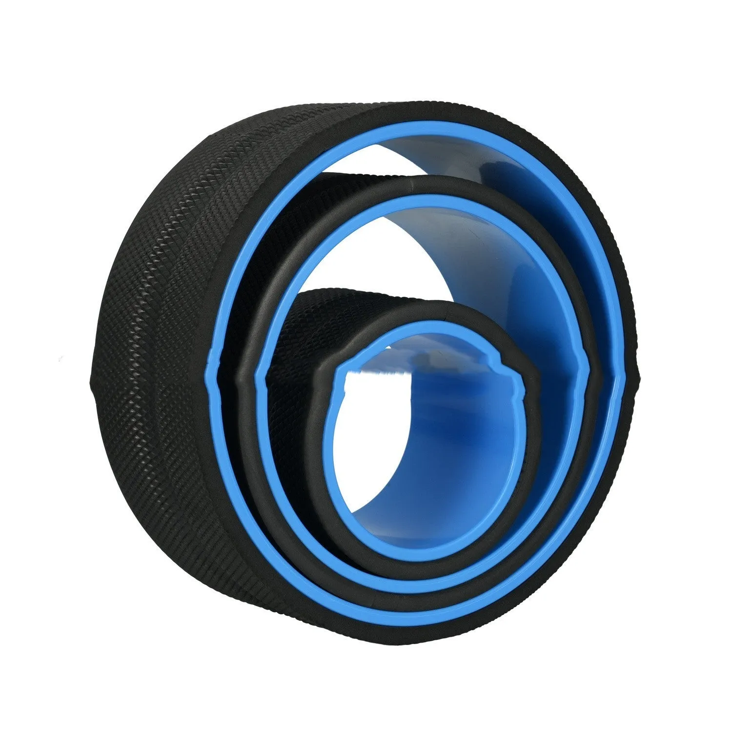 Yoga wheel four-piece set in black with green tube sponge construction and holder