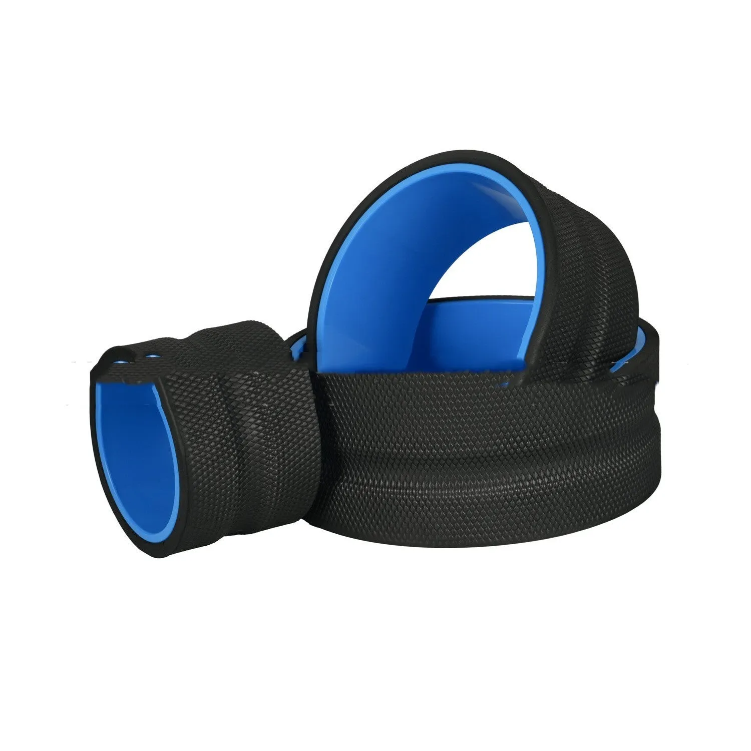 Yoga wheel four-piece set in black with green tube sponge construction and holder