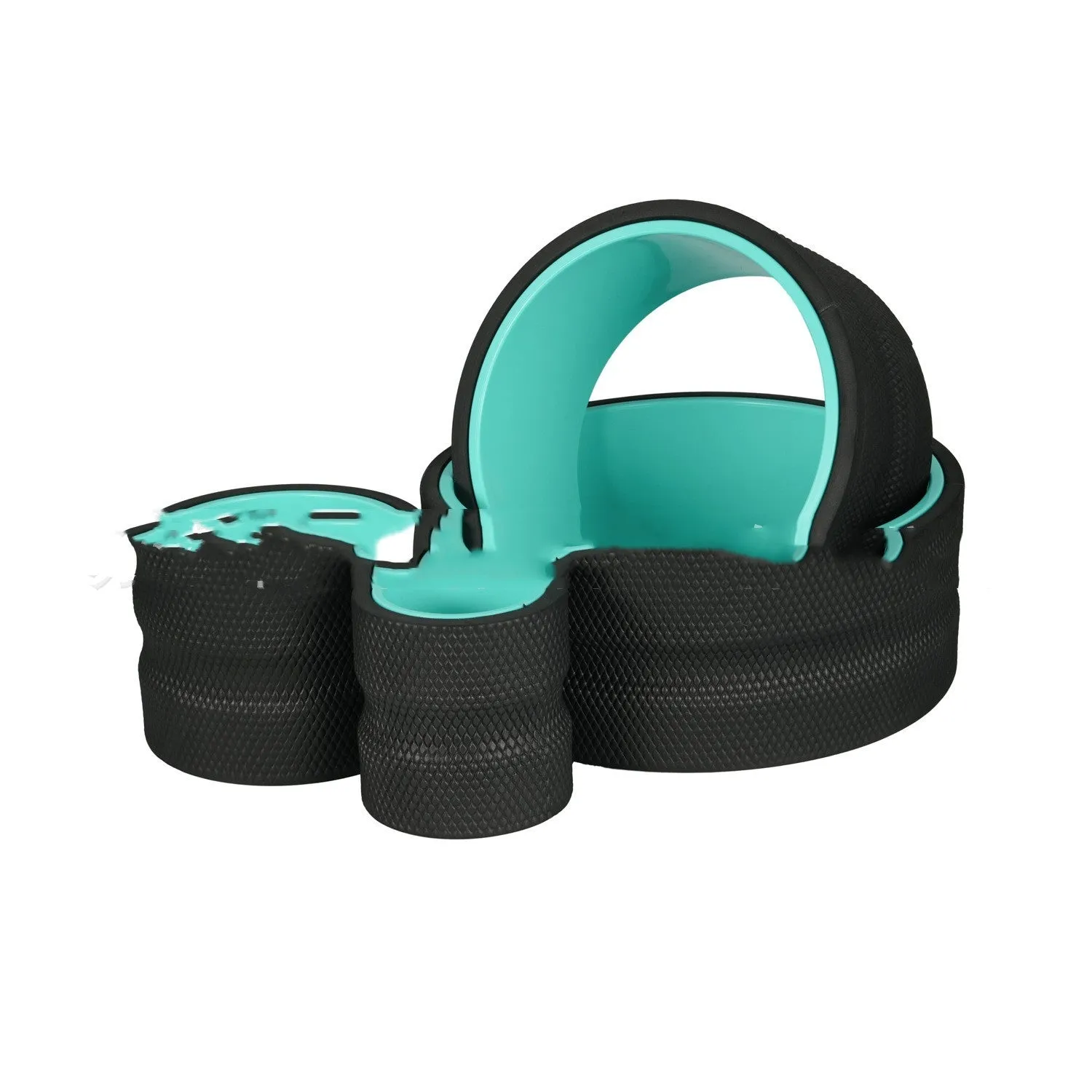 Yoga wheel four-piece set in black with green tube sponge construction and holder