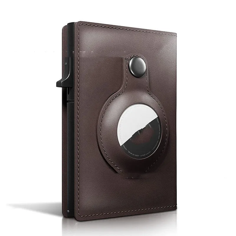 Crazy Horse Black genuine leather card holder wallet with AirTag slot and card pockets