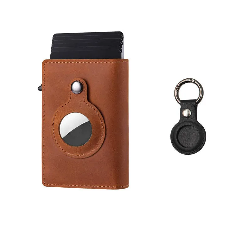 Crazy Horse Black genuine leather card holder wallet with AirTag slot and card pockets