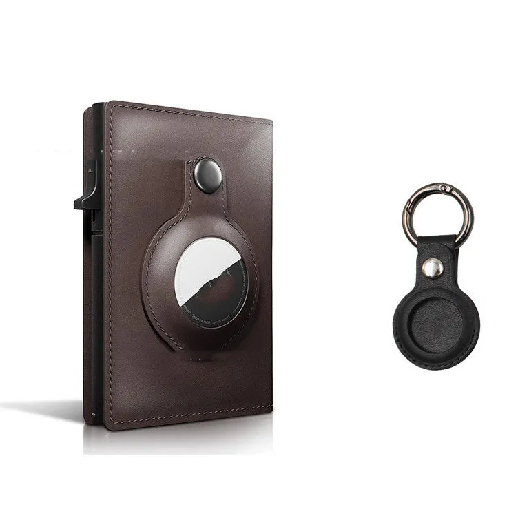 Crazy Horse Black genuine leather card holder wallet with AirTag slot and card pockets