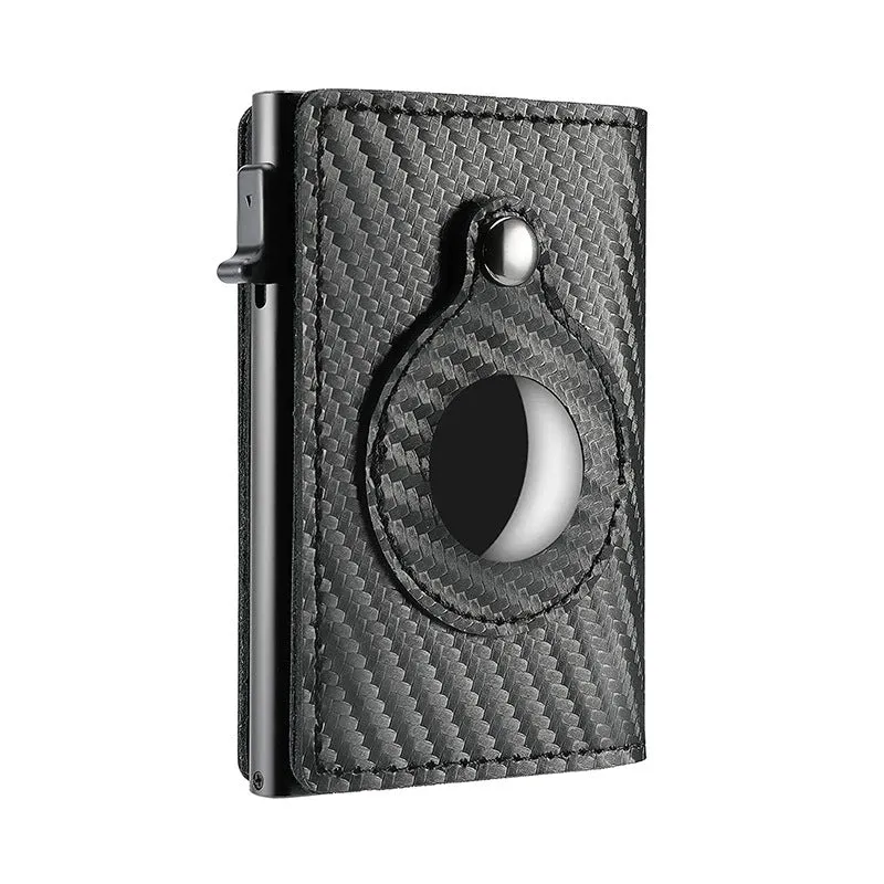 Crazy Horse Black genuine leather card holder wallet with AirTag slot and card pockets