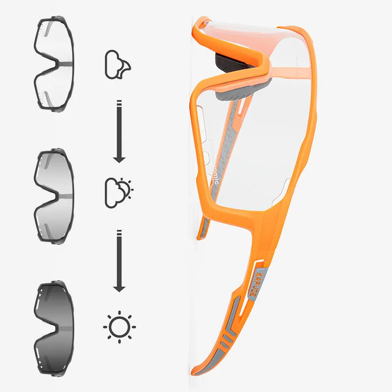 Photochromic cycling sunglasses with semi-rimless TR90 frame and adaptive lens.