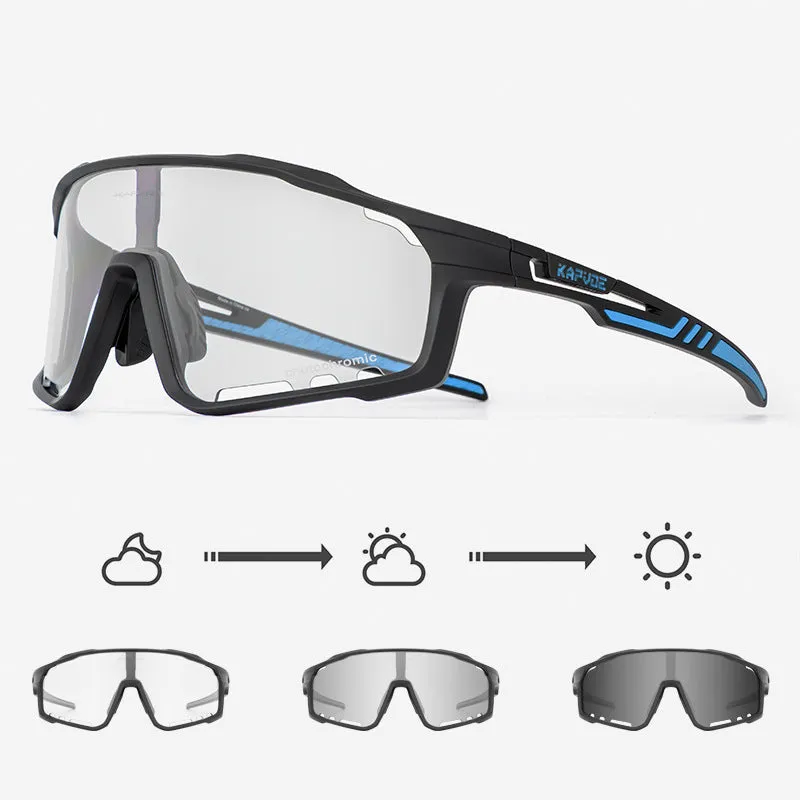 Photochromic cycling sunglasses with semi-rimless TR90 frame and adaptive lens.