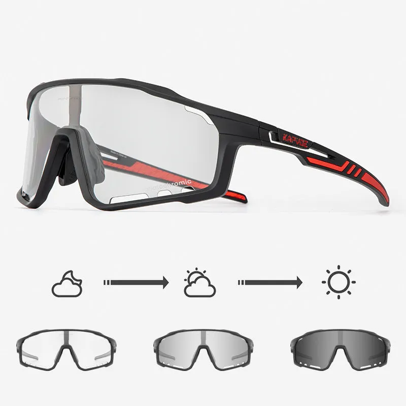 Photochromic cycling sunglasses with semi-rimless TR90 frame and adaptive lens.