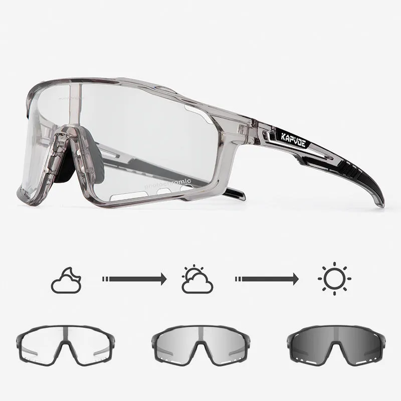 Photochromic cycling sunglasses with semi-rimless TR90 frame and adaptive lens.