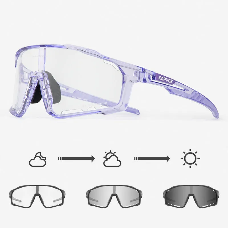 Photochromic cycling sunglasses with semi-rimless TR90 frame and adaptive lens.