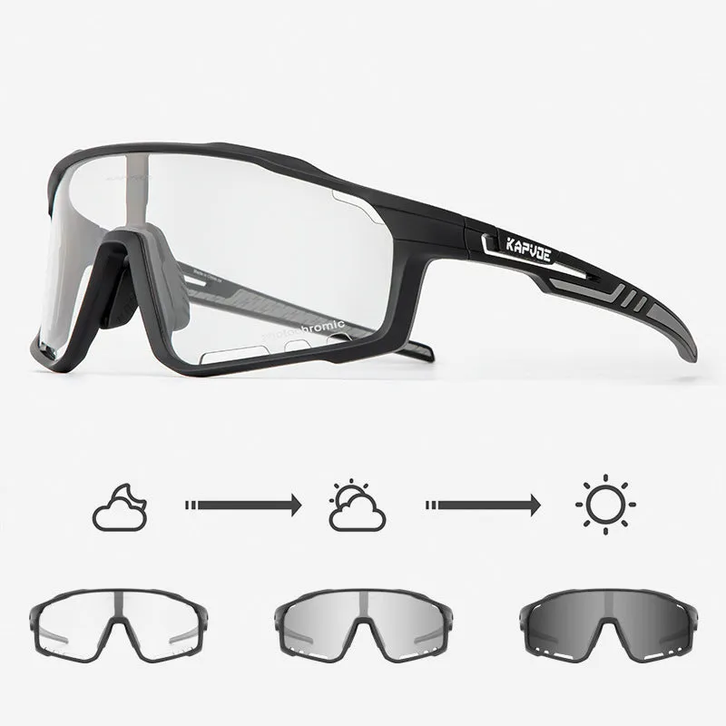 Photochromic cycling sunglasses with semi-rimless TR90 frame and adaptive lens.