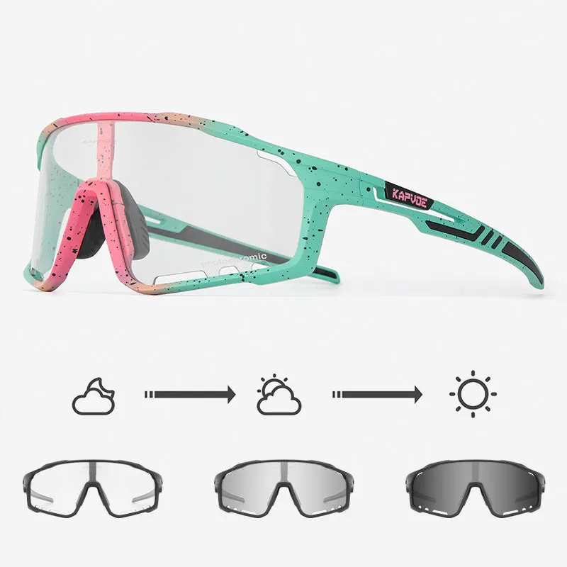 Photochromic cycling sunglasses with semi-rimless TR90 frame and adaptive lens.