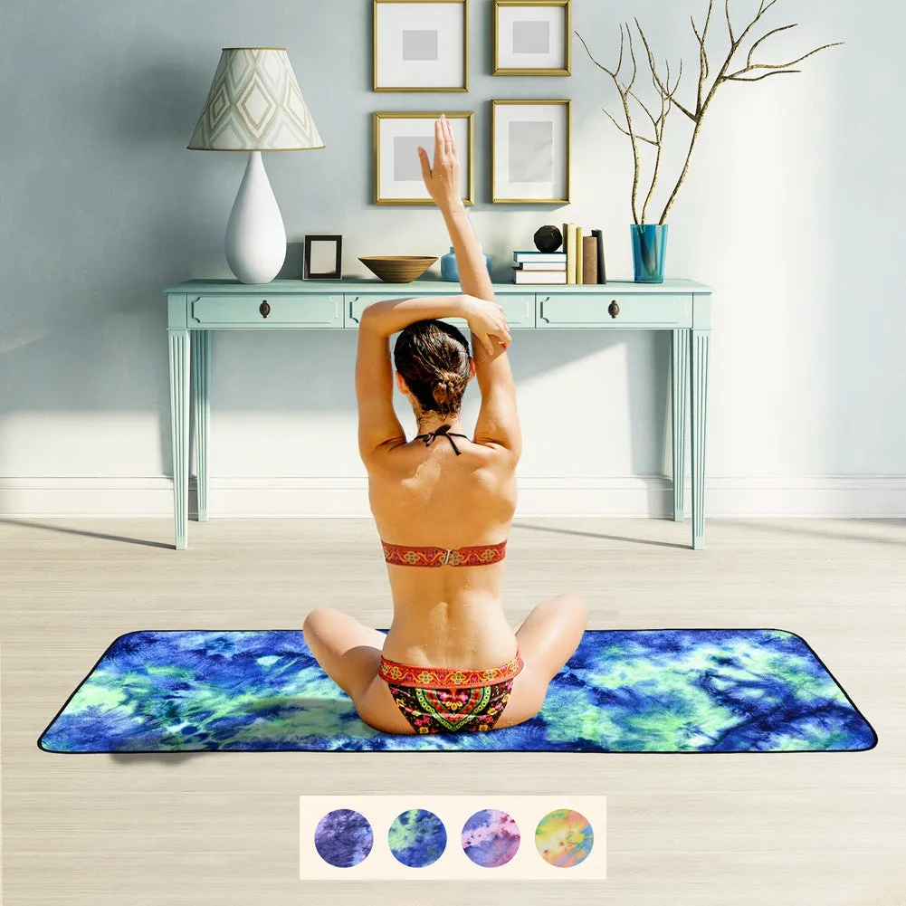 Tie-dyed blue microfiber non-slip yoga mat towel measuring 63x183cm on a yoga mat