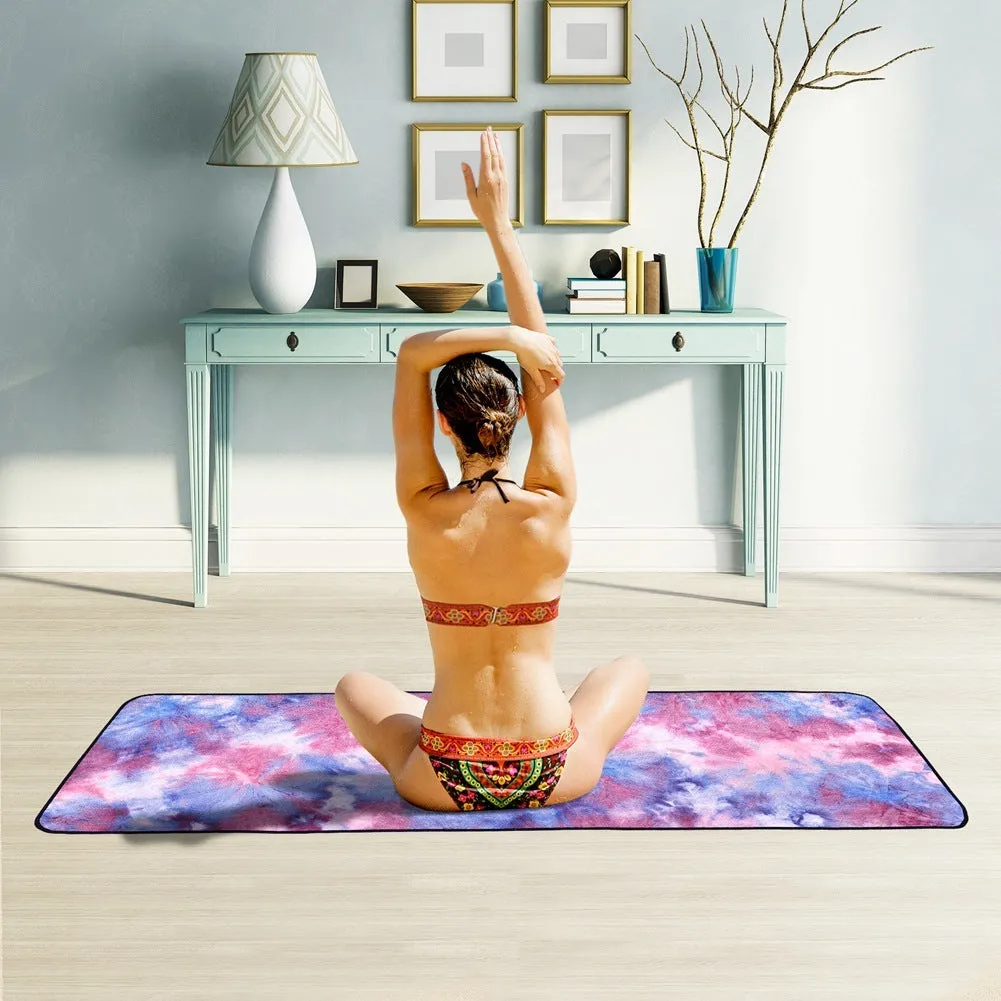 Tie-dyed blue microfiber non-slip yoga mat towel measuring 63x183cm on a yoga mat