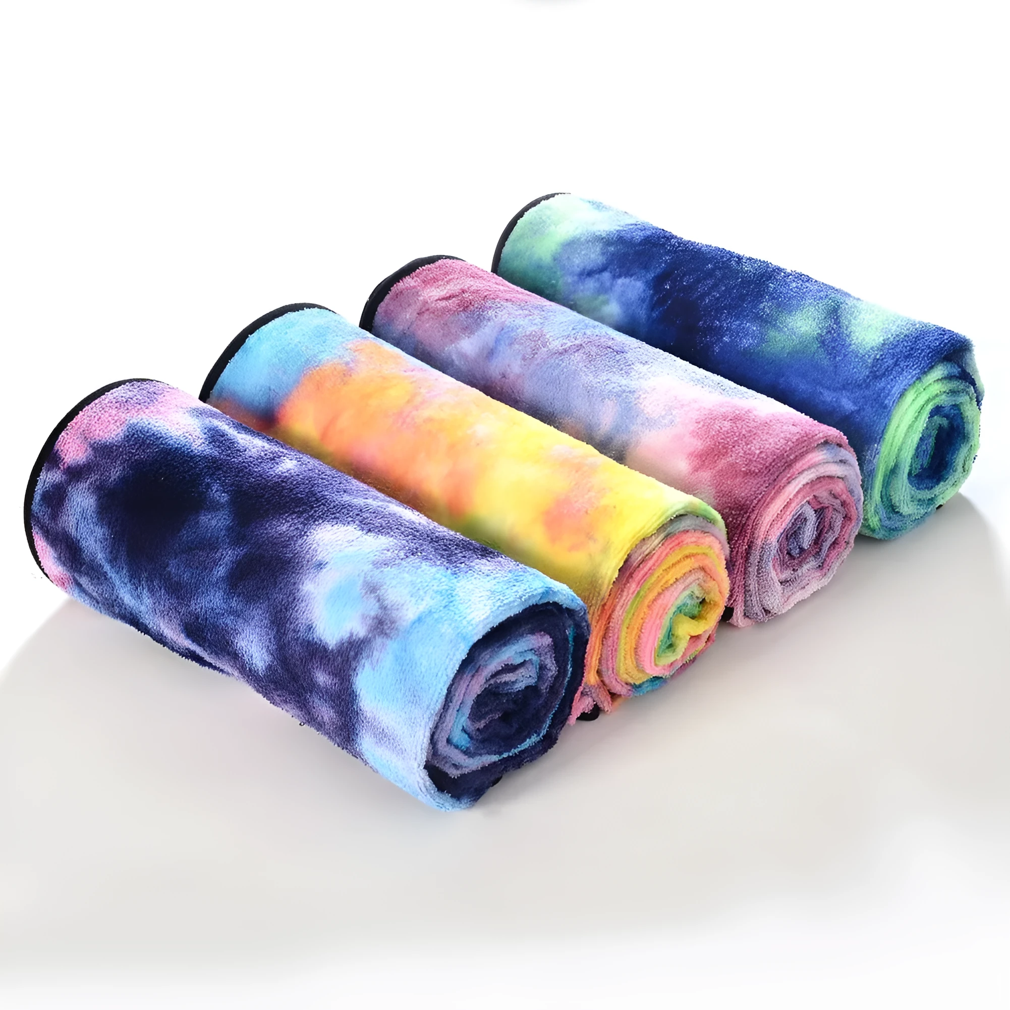 Tie-dyed blue microfiber non-slip yoga mat towel measuring 63x183cm on a yoga mat